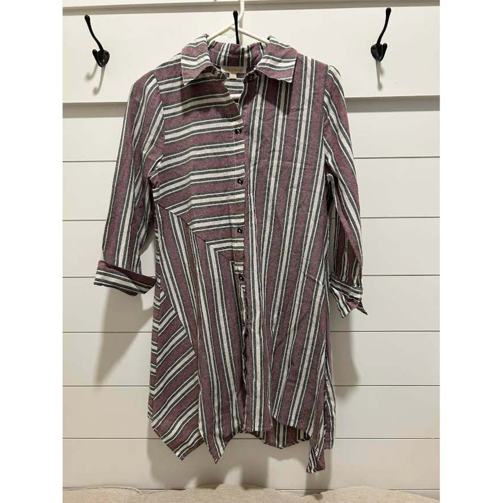 Women Burgundy Grey Striped Asymmetrical Button Down Tunic Top S Langenlook Art